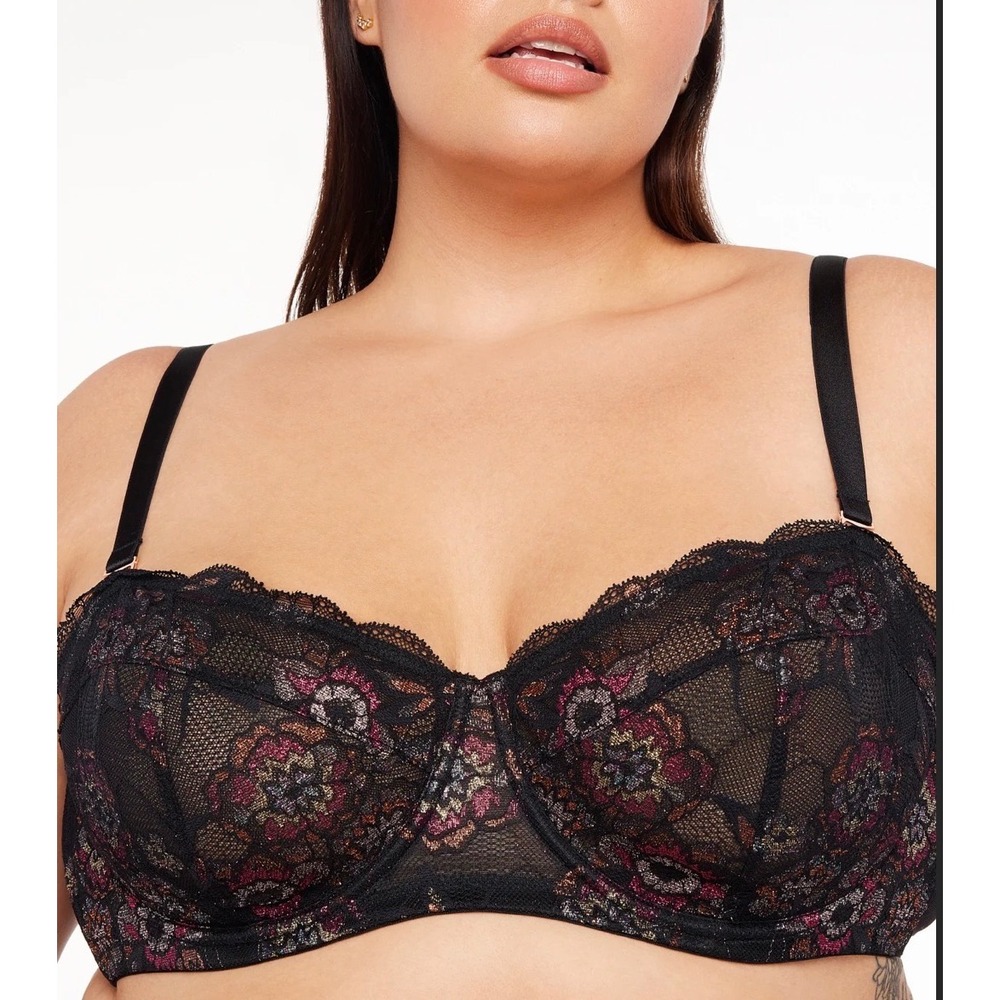 Savage X Fenty Nymph Nouveau Lace Bra Womens 38D Black Metallic Floral Lace